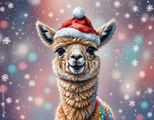 Cute cartoon alpaca wearing Santa hat. Holiday Season, Christmas, and New year illustration. Holiday banner, Xmas greeting card. Amazing digital illustration. CG Artwork Background