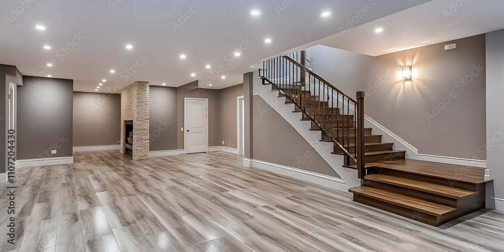 Obraz premium Modern Basement Interior with Wooden Stairs and Hardwood Flooring