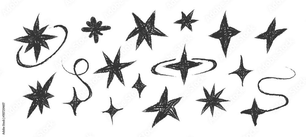 Fototapeta premium Chalk pencil stars and sparkles doodle set. Crayon Twinkle shape. Design Y2K elements. Black Textured figures