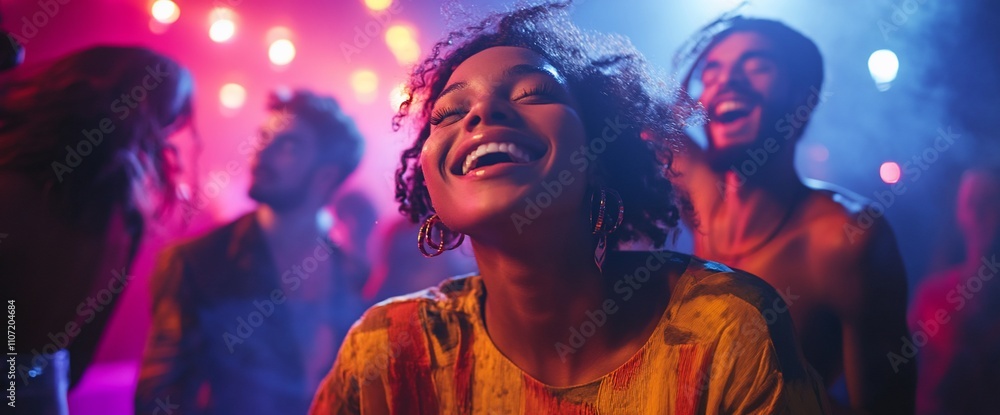 A joyful gathering of friends celebrating at a vibrant party. A joyful gathering of friends celebrating at a vibrant party.