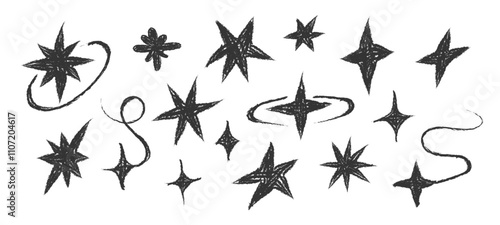Chalk pencil stars and sparkles doodle set. Crayon Twinkle shape. Design Y2K elements. Black Textured figures