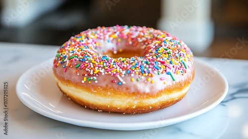 Delicious glazed donut topped with colorful sprinkles on a white plate.