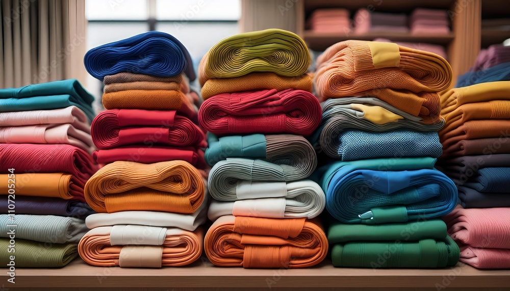 Neatly folded colorful clothes stacked in piles, showcasing various fabrics and textures Neatly folded colorful clothes stacked in piles, showcasing various fabrics and textures