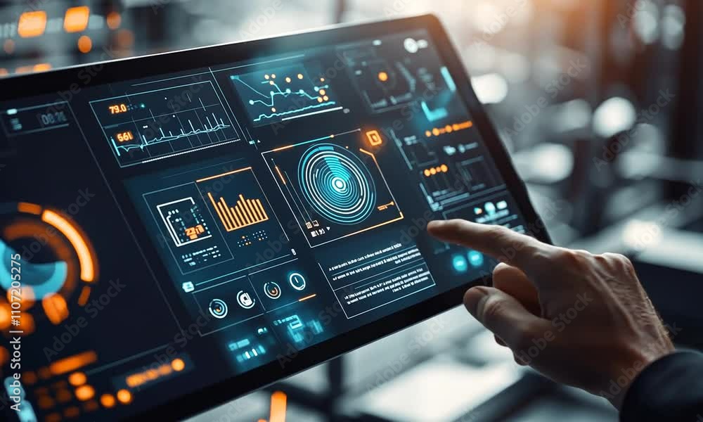 A hand interacts with a futuristic touchscreen displaying data and analytics. A hand interacts with a futuristic touchscreen displaying data and analytics.