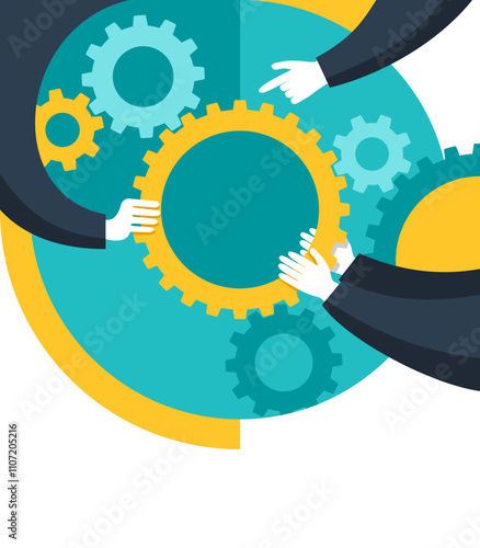 Hand connecting two gears - Business, management, isolated