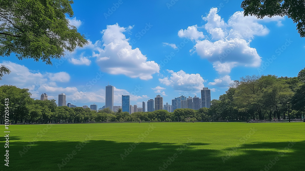 Scenic view of the park with green grass field in city and a cloudy blue sky background Beautiful green park. Scenic view of the park with green grass field in city and a cloudy blue sky background Beautiful green park.