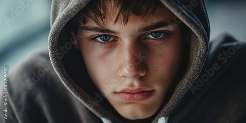 A stoic serious portrait of a teenager in a hoodie, looking directly into the camera with a thoughtful expression photo