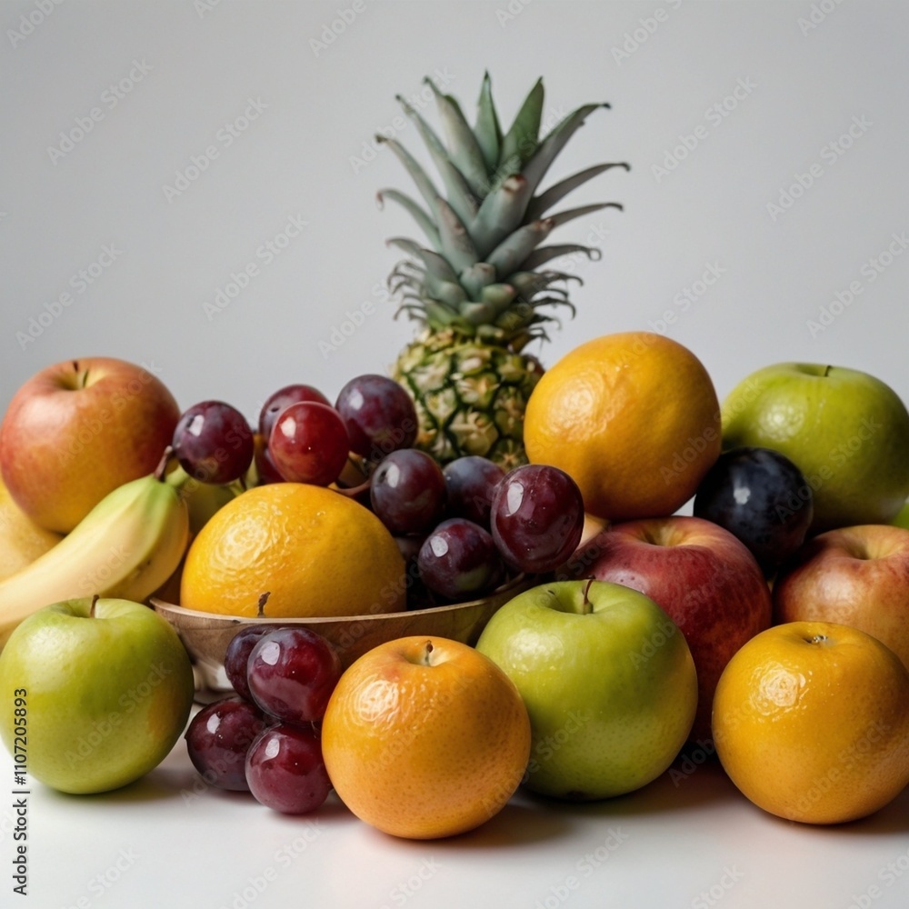 collection of fruits including pineapple, apple, orange, and graphs on a light background. collection of fruits including pineapple, apple, orange, and graphs on a light background.