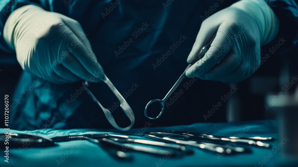 A surgeon preparing for an operation in a sterile operating room, Intense and focused environment, Clinical style A surgeon preparing for an operation in a sterile operating room, Intense and focused environment, Clinical style