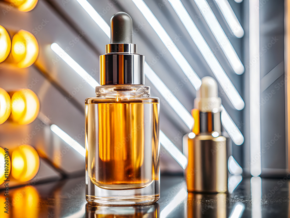 Naklejka premium Close up of a serum bottle with a metallic label. Beauty Product Background