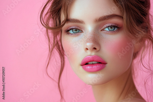 Beautiful young woman with pink lipstick on pink background. Close-up.