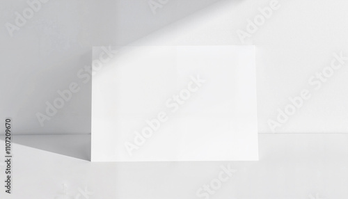 Blank white card standing in sunlight with soft shadows