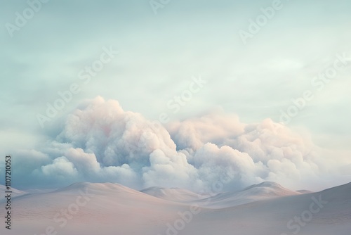 Majestic clouds hover over smooth dunes in a serene desert landscape