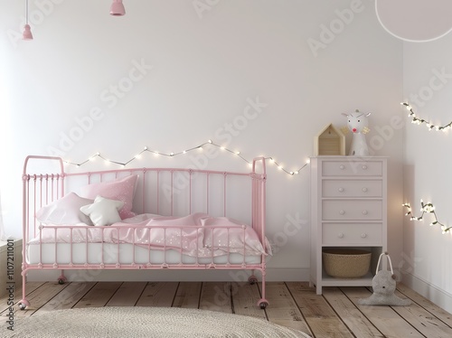 A pink daybed with fairy lights in a girl s bedroom with wooden floors. a white dresser. and a soft rug photo