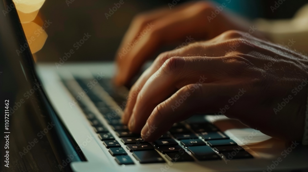 A man's hands are typing on a laptop keyboard A man's hands are typing on a laptop keyboard