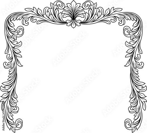 A filigree heraldic crest motif floral pattern border frame. Original design in a vintage style.