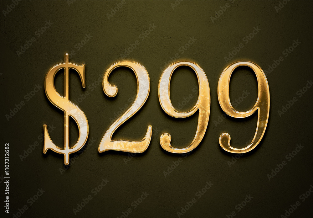 Old gold effect of 299 dollars with 3D glossy style Mockup. Old gold effect of 299 dollars with 3D glossy style Mockup.