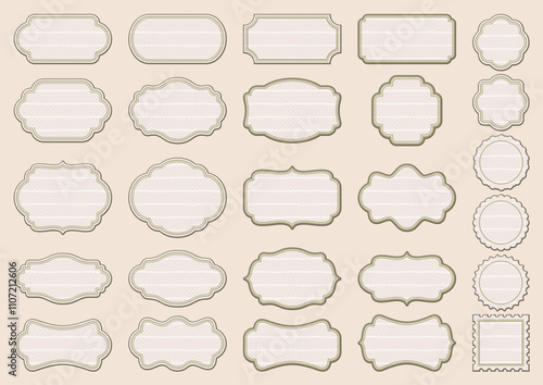 Label frames with ornamental edges, pale beige striped and polka dot texture. Vintage large collection of different stickers, isolated on a beige background. Vector big set for invitation and signage