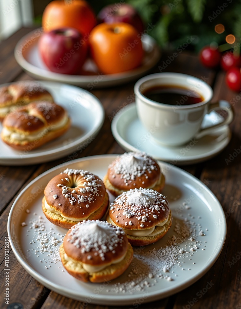 Christmas Coffee and Donuts Setup on a Cozy Table Christmas Coffee and Donuts Setup on a Cozy Table