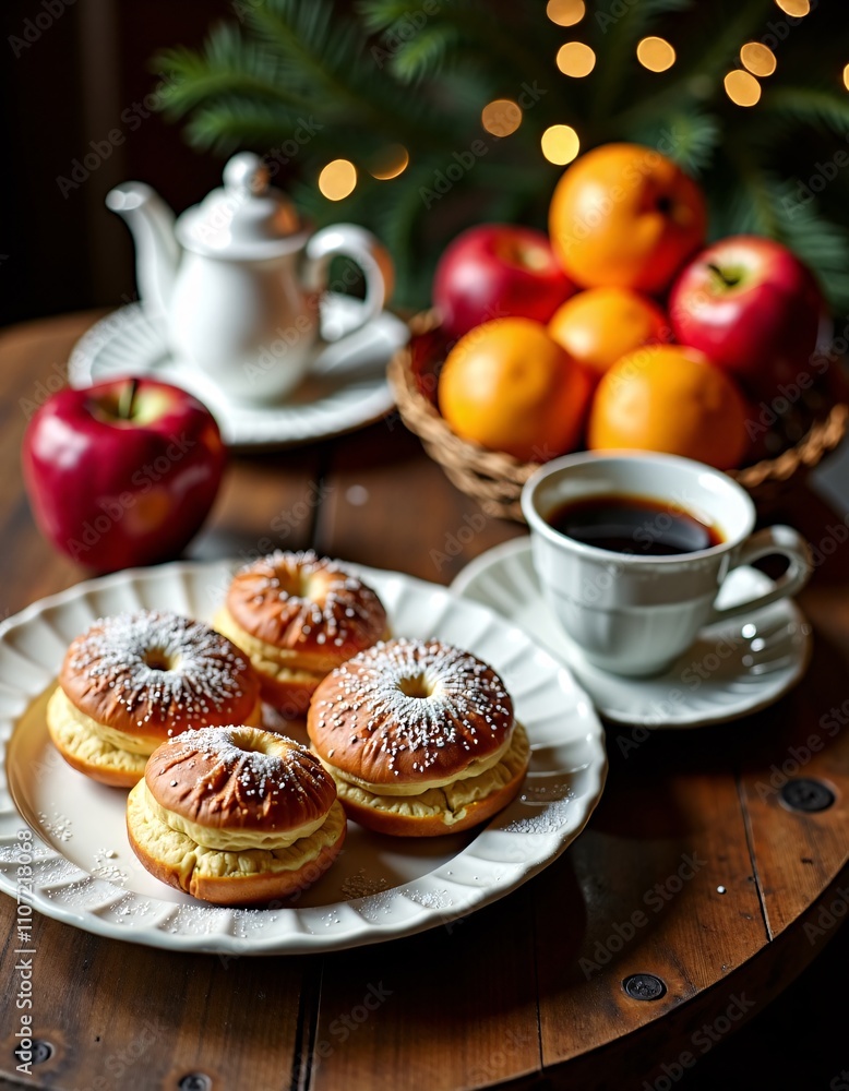 Elegant Christmas Pastries on a Rustic Table with Coffee and Fruits Elegant Christmas Pastries on a Rustic Table with Coffee and Fruits