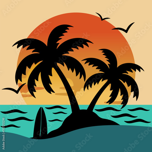 Tropical beach with palm trees and sea - summer resort at sunset