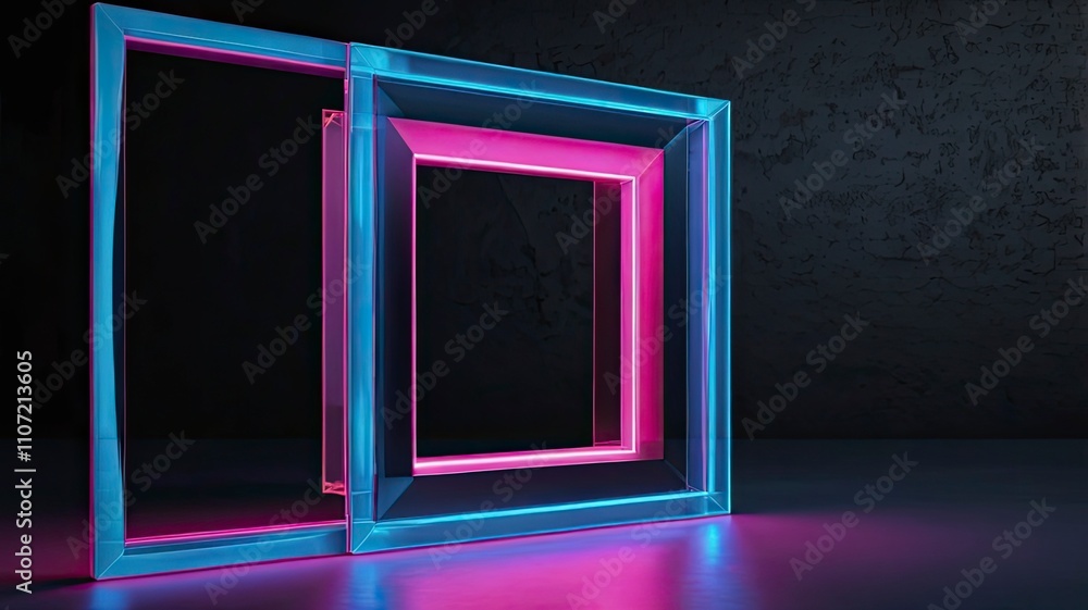 Square rectangle picture frame with two tone neon color motion graphic on isolated black background. Blue and pink light moveing for overlay element. 3D illustration rendering. Empty copy space middle Square rectangle picture frame with two tone neon color motion graphic on isolated black background. Blue and pink light moveing for overlay element. 3D illustration rendering. Empty copy space middle