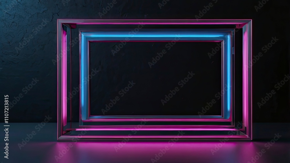 Square rectangle picture frame with two tone neon color motion graphic on isolated black background. Blue and pink light moveing for overlay element. 3D illustration rendering. Empty copy space middle Square rectangle picture frame with two tone neon color motion graphic on isolated black background. Blue and pink light moveing for overlay element. 3D illustration rendering. Empty copy space middle