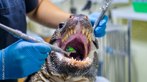 Fototapeta Naklejka Na Ścianę i Meble -  A veterinary dentist performing a dental cleaning on an exotic animal in a veterinary dental clinic, with specialized dental equipment and exotic animal cages visible, Exotic style