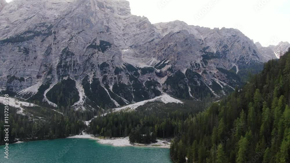 Turquoise Lake with Lime Coming of the Dolomites Alps. Drone Shot Turquoise Lake with Lime Coming of the Dolomites Alps. Drone Shot