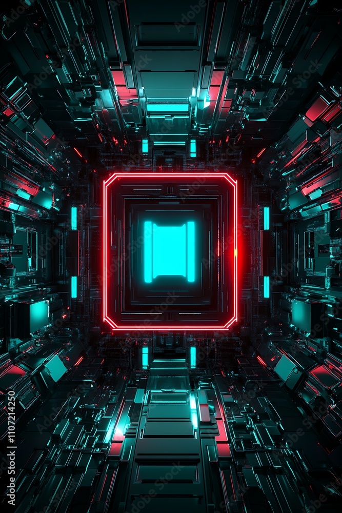 Fototapeta premium Futuristic Abstract Space with Neon Lights and Geometric Shapes in a High-Tech Digital Environment