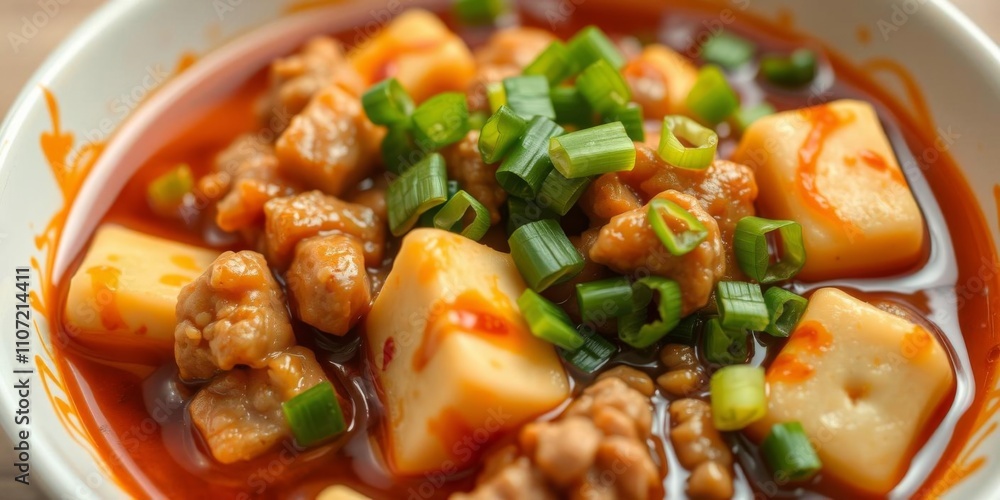 Close up of delicious mapo tofu in a bowl, featuring soft tofu, spicy sauce, ground meat, and green onions, Chinese cuisine, close up Close up of delicious mapo tofu in a bowl, featuring soft tofu, spicy sauce, ground meat, and green onions, Chinese cuisine, close up