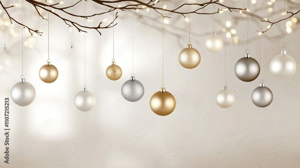 Obraz premium A minimalistic Christmas design with elegant gold and silver baubles hanging on delicate branches, set against a soft blurred backdrop.