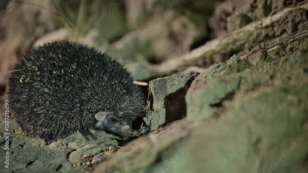 A hedgehog is seen moving cautiously over rocky terrain during the nighttime. The animal's spines glint softly in the moonlight, showcasing its unique features. A hedgehog is seen moving cautiously over rocky terrain during the nighttime. The animal's spines glint softly in the moonlight, showcasing its unique features.