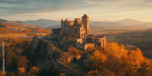 Majestic castle surrounded by autumn trees on a hilltop, glowing in warm sunlight, creating a fairytale-like and romantic cluttercore landscape, selective focus

 photo