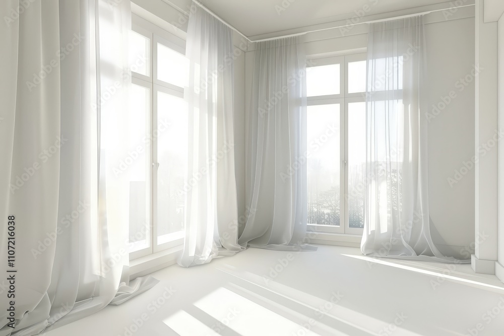 Fototapeta premium Empty room with two large windows and white curtains The sunlight shines through the windows. casting a soft glow on the white floor