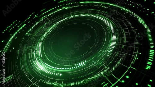 Futuristic Circular Digital Interface with Green Light and Geometric Patterns for Technology and Design