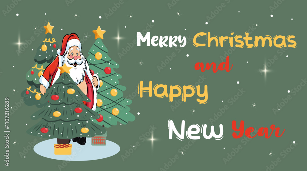 Naklejka premium Merry Christmas simple greeting card on green background with handwritten text. Christmas tree flat design with christmas balls, bows.