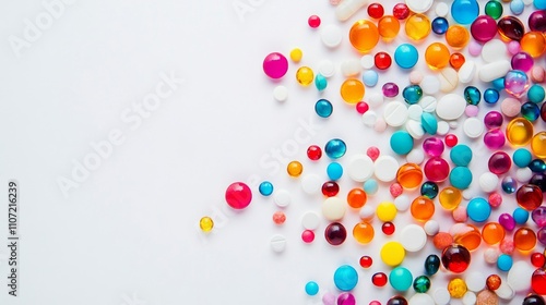 A vibrant healthcare scene with colorful pills arranged artistically on a white background, macro shot, Artistic style