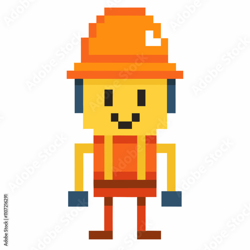 Cute Pixel Art Construction Worker with Orange Hard Hat and Safety Vest