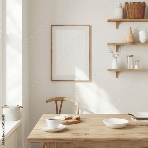 Minimalist kitchen interior with wooden table. chair. shelves. and a blank frame mockup