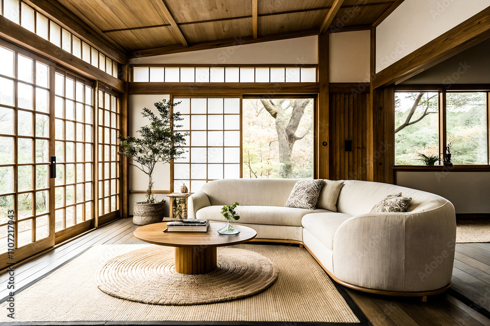 photo minimalist, japandi style interior design of a modern living room features a cozy boucle sofa near an ellipse coffee table photo minimalist, japandi style interior design of a modern living room features a cozy boucle sofa near an ellipse coffee table