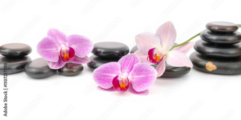 Pink orchid flower surrounded by smooth spa stones on a white background, wellness, therapy Pink orchid flower surrounded by smooth spa stones on a white background, wellness, therapy