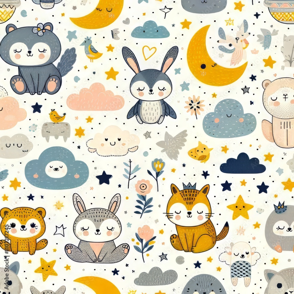 Obraz premium Seamless pattern with cute animals moons stars and clouds.
