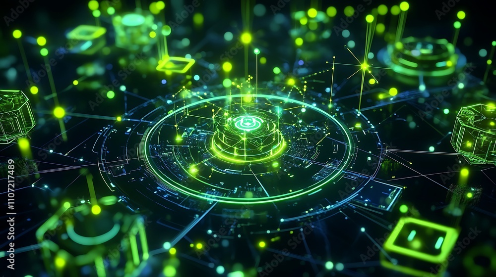 Obraz premium Futuristic Cyber Network with Flowing Data Visualization and Bright Neon Elements on a Dark Background