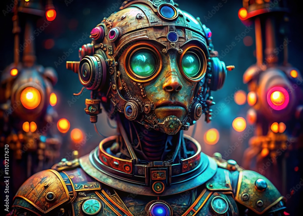 Fototapeta premium Vibrant Handcrafted Robot Gazing Ahead, Symbolizing Innovation and the Exciting Future of Artificial Intelligence and Modern Technologies in Macro Photography