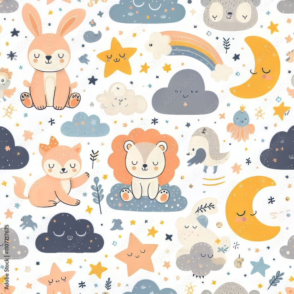 Fototapeta premium Seamless pattern with cute animals moons stars and clouds.