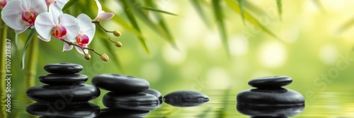 Spa background featuring orchids, black stones, and bamboo on tranquil water, wellness, water
