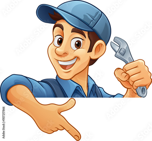 A mechanic or plumber handyman cartoon mascot man holding a wrench or spanner peeking around a sign and pointing at it
