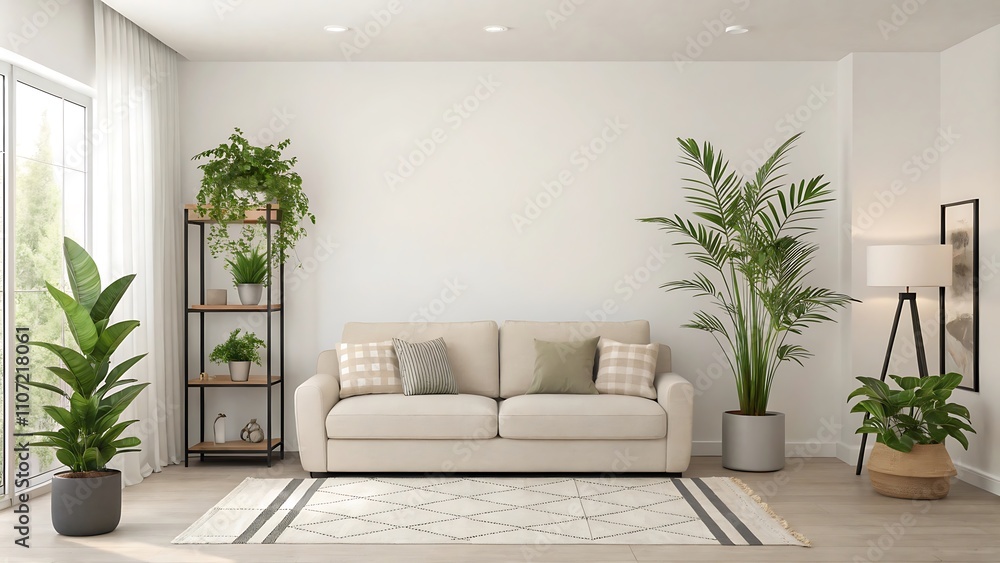 A minimalist photostock image of a modern living room featuring neutral colors and lush greenery. A minimalist photostock image of a modern living room featuring neutral colors and lush greenery.