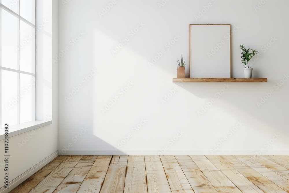 Minimalist interior design with a blank frame on a wooden shelf. a window with sunlight. and a white wall Minimalist interior design with a blank frame on a wooden shelf. a window with sunlight. and a white wall